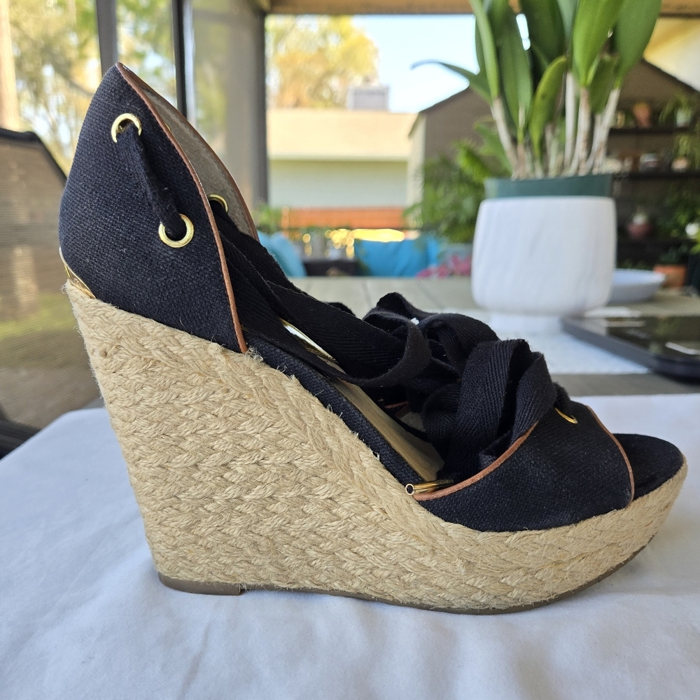 Michael Kors Lilah Black Canvas Lace-Up Platform Espadrille Wedges - Size 7.5 - Picture 4 of 12